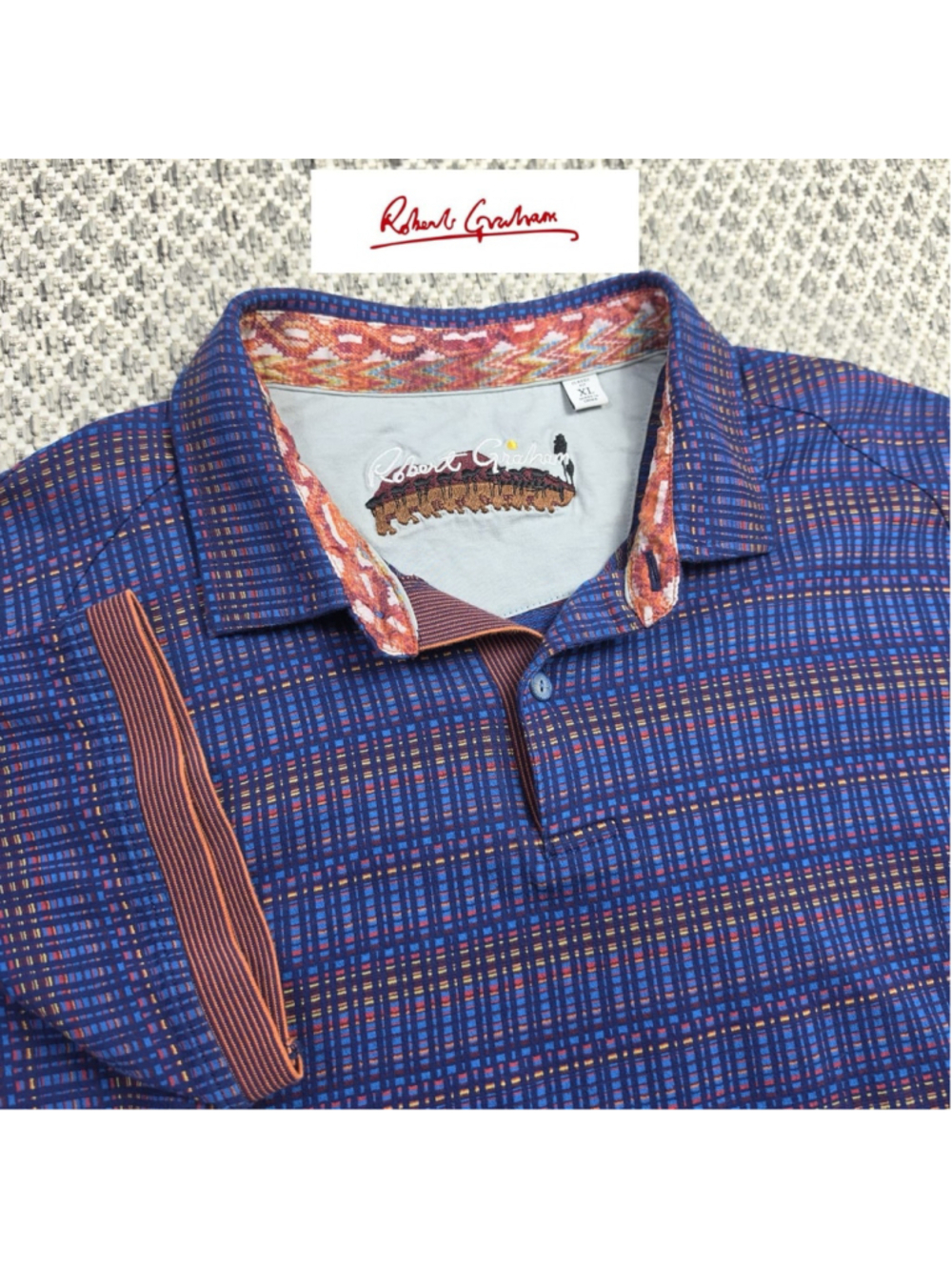 Robert Graham Men’s XL Blue Striped Polo Shirt Classic Fit Embroidered Trim